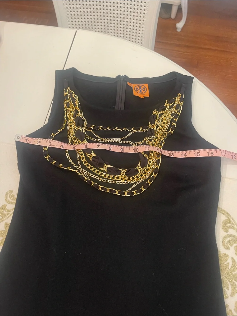 Tory Burch Black Mini Dress with Gold Chain Detail